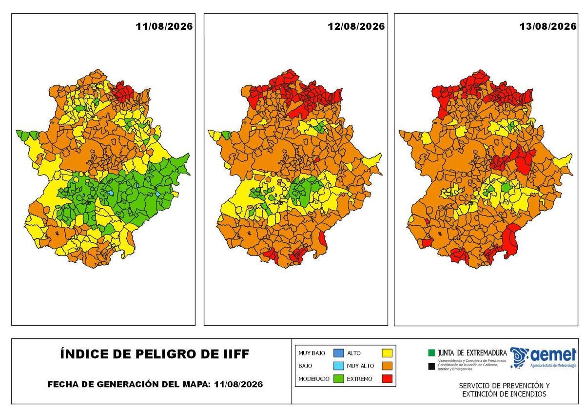 Mapa de IPIF (Índice de Peligro de Incendios Forestales) elaborado por el Plan Infoex a partir de datos de la Aemet.