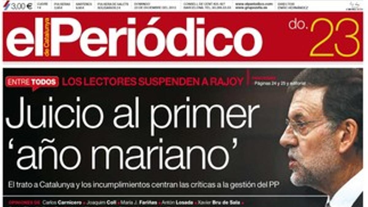 La portada de EL PERIÓDICO (23-12-2012).