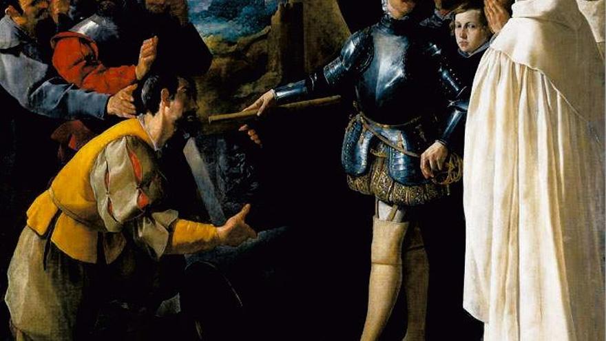 San Pedro Nolasco junto al rey Jaime I ante la Virgen de El Puig de Santa María. Pintura de Zurbarán
