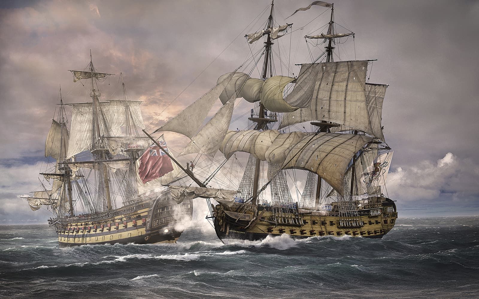 Maniobra de guerra 'enfilada' en una batalla entre un buque español y uno inglés.