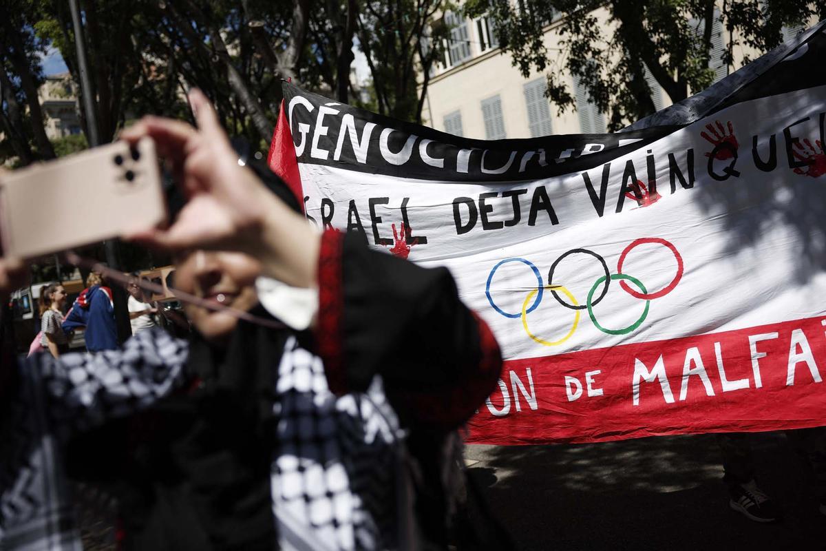 Manifestación contra los Juegos Olímpicos de París en apoyo de Palestina en medio del conflicto entre Israel y Hamas