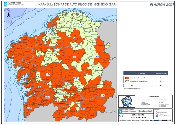 Mapa de las zonas de alto riesgo incendiario para este 2021.