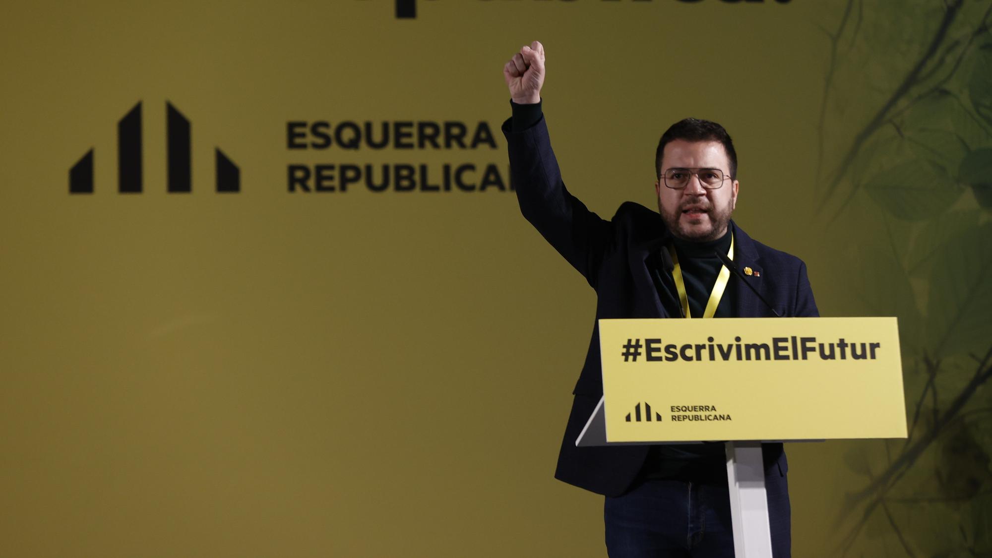 El presidente de la Generalitat, Pere Aragonès, durante su intervención en la Conferencia Nacional de ERC en L'Hospitalet de Llobregat (Barcelona).