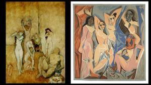 ’El harén’ (izquierda), pintado por Picasso en Gósol en 1906, precursor de ’Las señoritas de Avignon’ (derecha), origen del cubismo. 