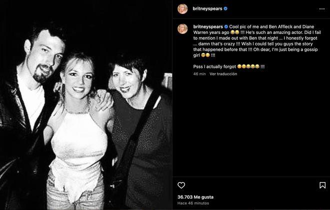 Britney Spears publica una foto de la noche que se besó con Ben Affleck