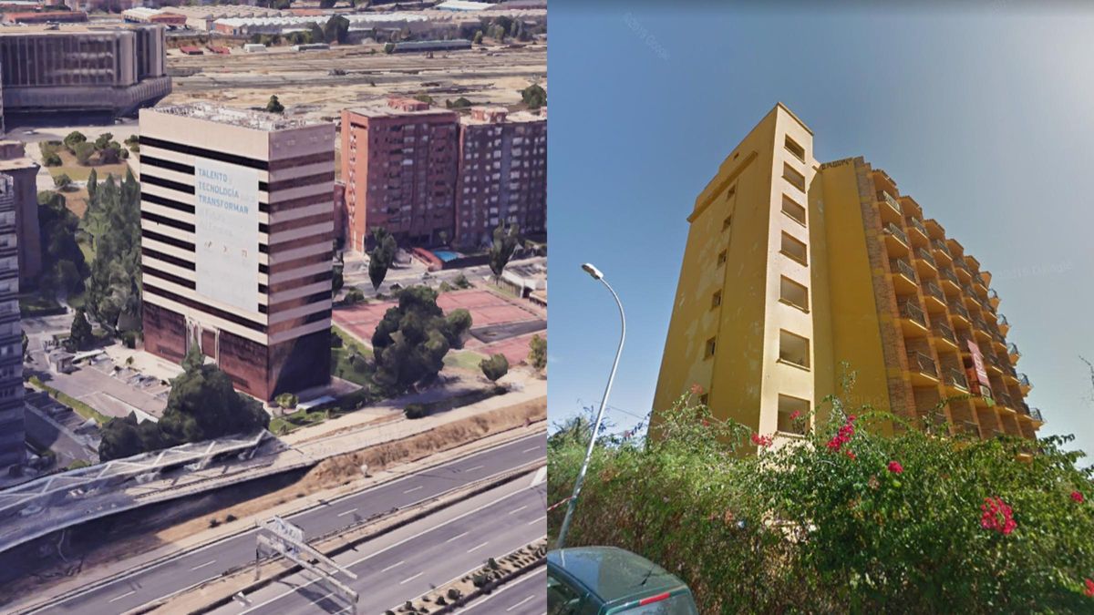 De izquierda a derecha: torre ubicada en el número 16 de la Avenida de Burgos (Madrid) y antiguo complejo hotelero Los Pintores (Benalmádena)