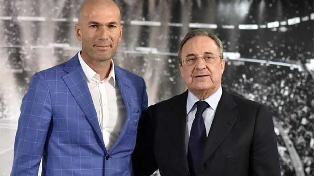 Zinedine Zidane junto a Florentino Pérez el día d ela presentanción del francés como técnico