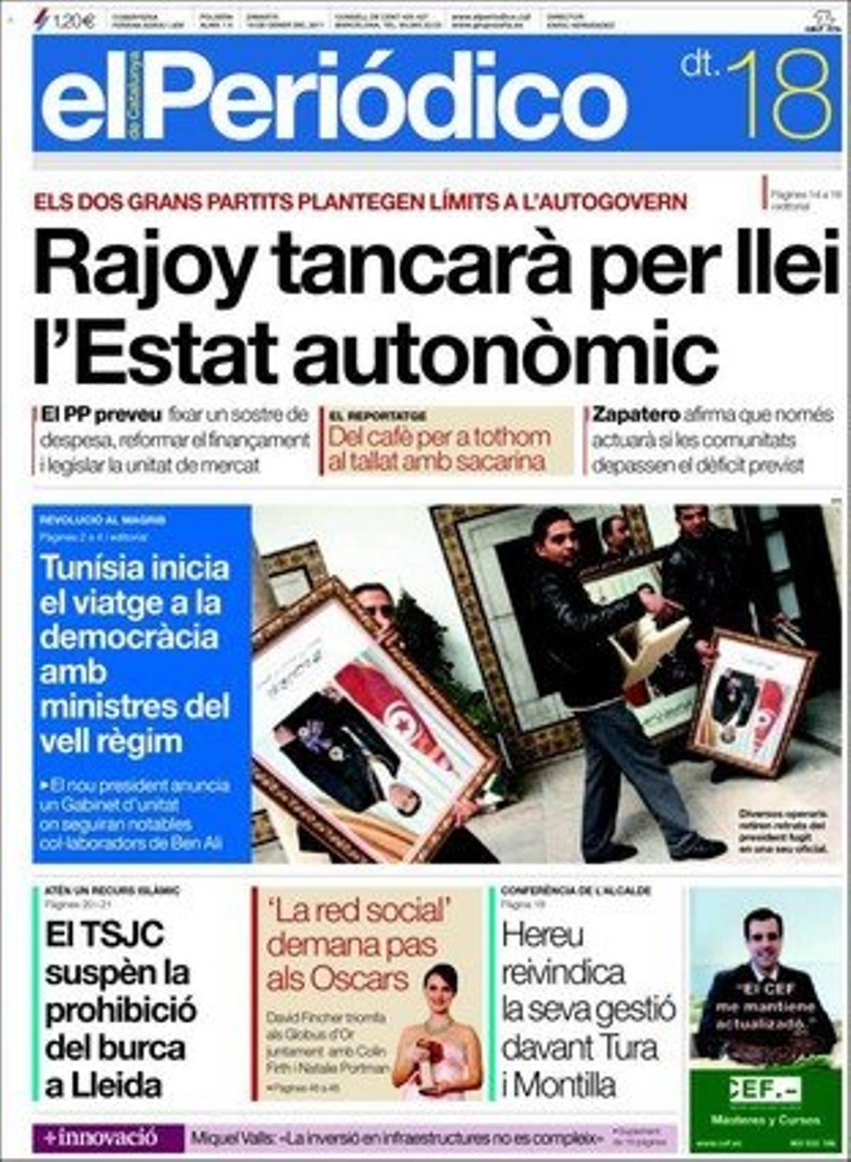 EL PERIÓDICO també destaca a dins la tornada del dictador Duvalier a Haití; que l’arrest d’un jove ultra per la pallissa al conseller de Múrcia no fa callar el PP; una entrevista al conseller Josep Lluís Cleries --s’ha de desvincular el vandalisme d’aquests {dies de} la immigració--; que Repsol invertirà 130 milions per solucionar les fallades de seguretat de les plataformes de Tarragona; que la millora de la ronda de Mitre atrapa milers de conductors barcelonins en Ganduxer; que la Xina desplaça Espanya com a tercera potència turística mundial, i les gales dels premis cinematogràfics Globus d’Or i Gaudí. El diari també ofereix avui el mensual ’+Innovació’.