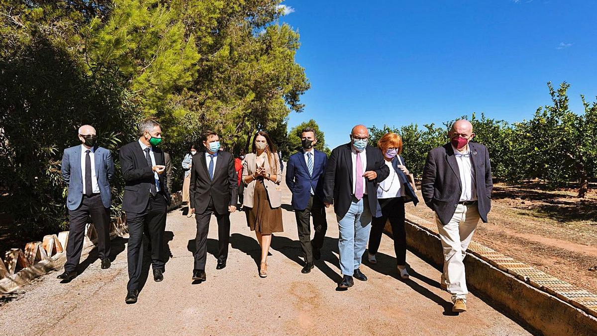 El ministro Planas y la consellera Mollà, en el centro, en la finca de Anecoop de Museros, ayer.