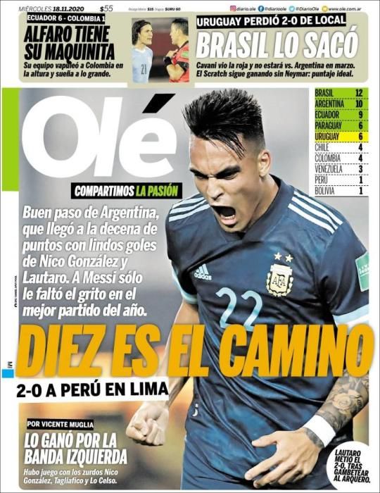 Portada OLÉ jueves 19 noviembre 2020