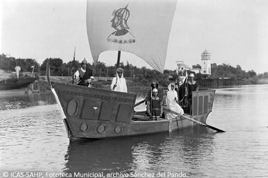 Recreación de la entrada en Sevilla del almirante Bonifaz, a las órdenes de Fernando III, durante la Velá de 1928.