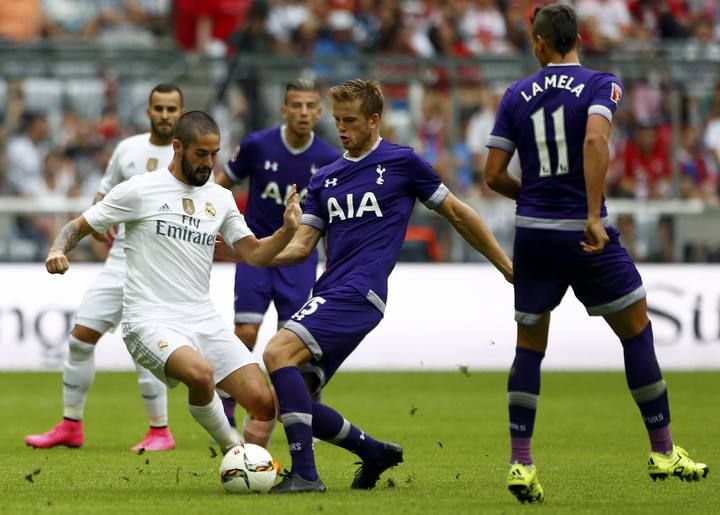 Real Madrid's Danilo fights for the ball with Tottenham Hotspur's Dier during their pre-season Audi Cup tournament soccer match in Munich