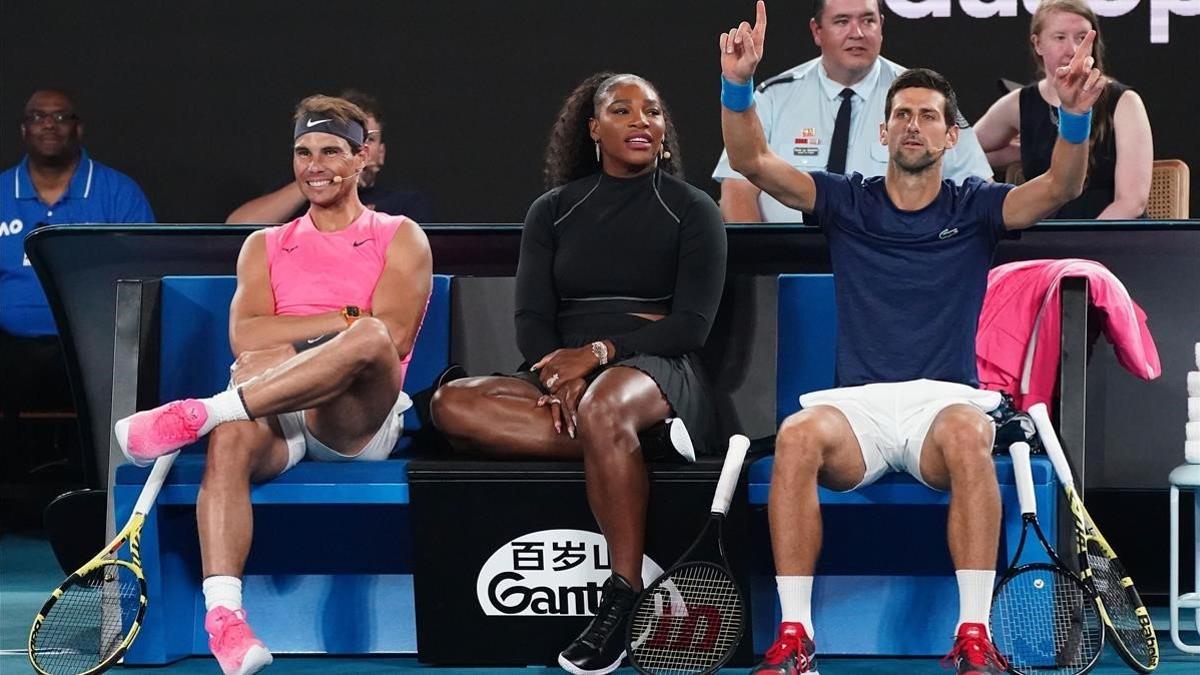 Rafael Nadal, Serena Williams y Novak Djokovic, en Melbourne, el pasado mes de enero.