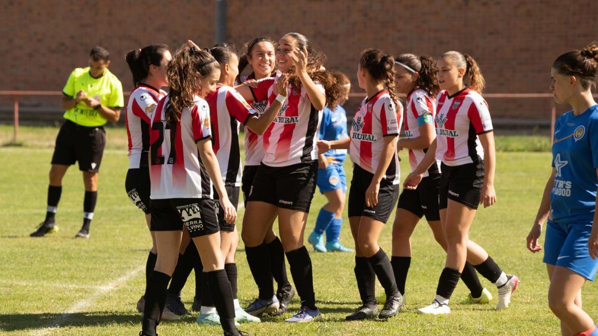 Las jugadoras del Caja Rural ZCF Amigos del Duero celebran uno de sus cuatro goles ante el Olímpico de León. | |  J. L. F.