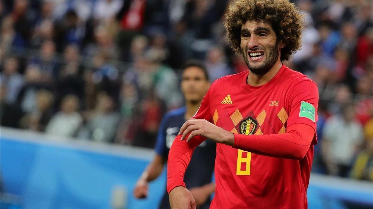 Marouane Fellaini in action during the 2018 FIFA World Cup semi final soccer match between France and Belgium