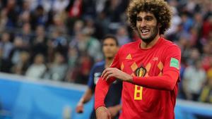 Marouane Fellaini, en acción jugando con la selección de Bélgica ante Francia en el Mundial-18 de Rusia.