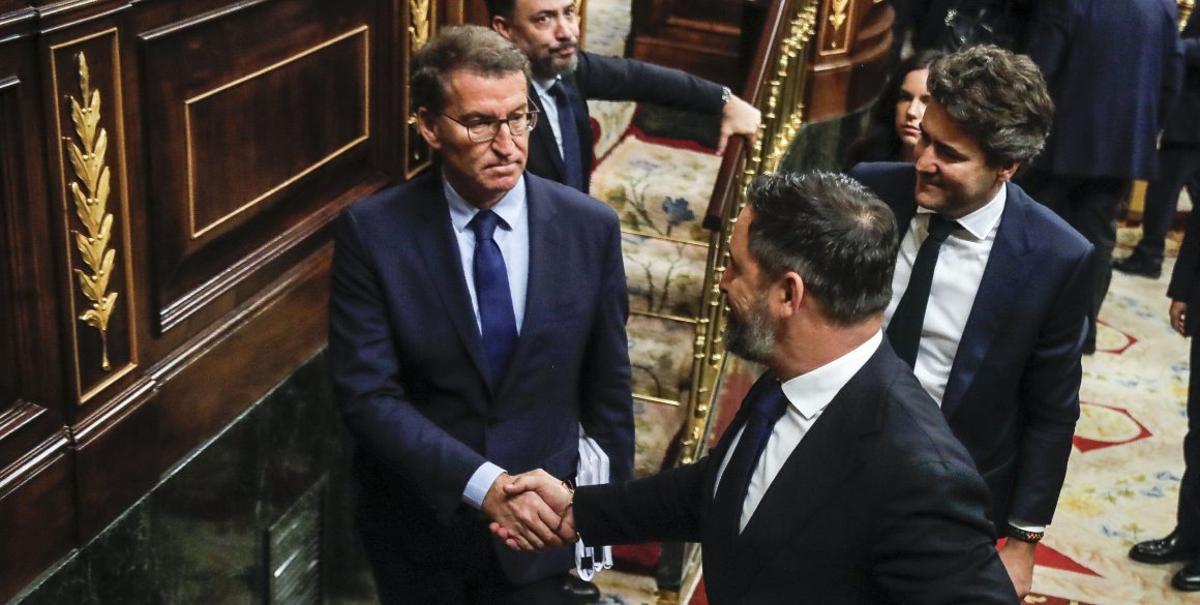 Alberto Núñez Feijóo y Santiago Abascal se saludan en el Congreso