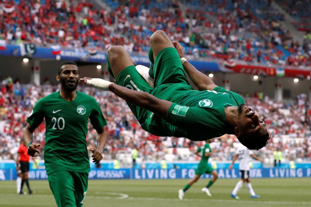 El saudí Salem Al-Dawsari celebra un gol durante el Mundial de Rusia 2018.