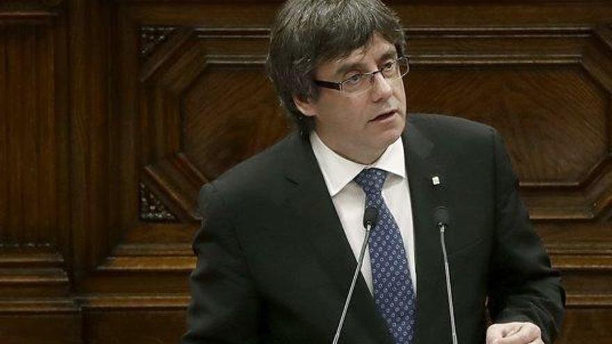 Un moment de la intervenció de Puigdemont ahir al Parlament