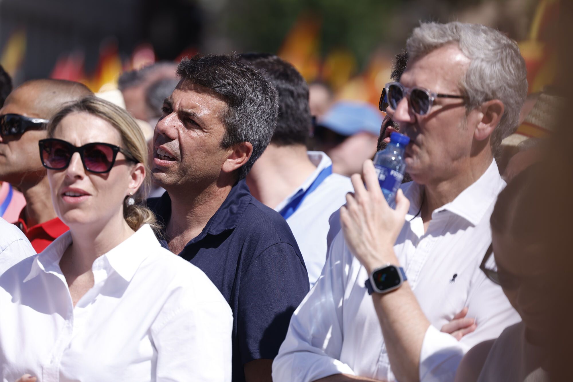 MADRID (ESPAÑA), 08/06/2025.- El presidente de la Comunidad Valenciana, Carlos Mazón (c), junto al presidente de la Xunta de Galicia, Alfonso Rueda (d), durante la manifestación convocada por el Partido Popular contra el Gobierno de Pedro Sánchez bajo el lema 'Democracia o mafia' este domingo en la Plaza España de Madrid. EFE/ Javier Lizón