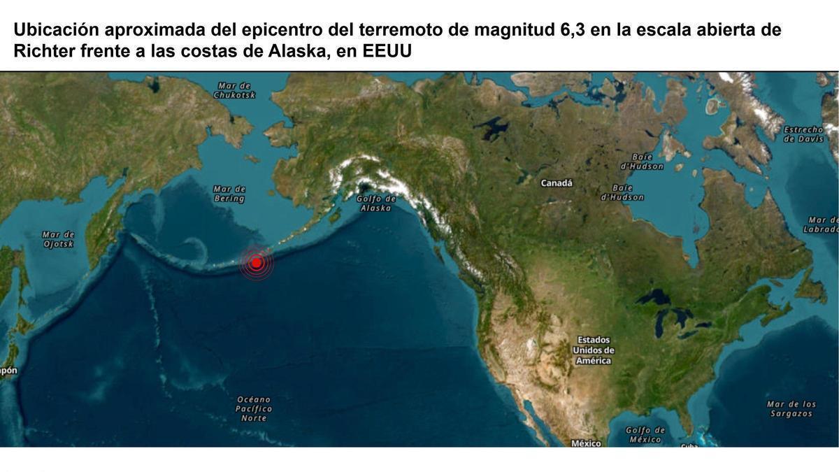 Ubicación aproximada del epicentro del terremoto de magnitud 6,3 en la escala abierta de Richter frente a las costas de Alaska, en EEUU.
