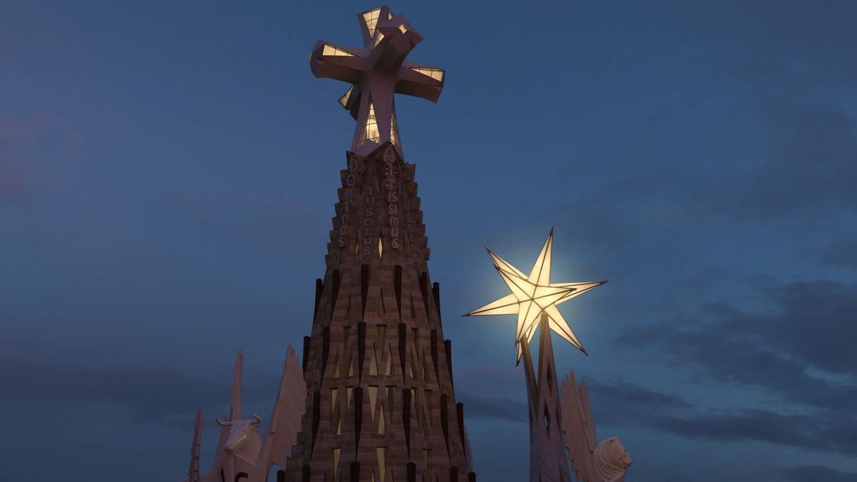  Imagen virtual de la Sagrada Familia que se culminarà con la torre de Jesús (cruz) y la torre de la Mare de Déu (estrella)