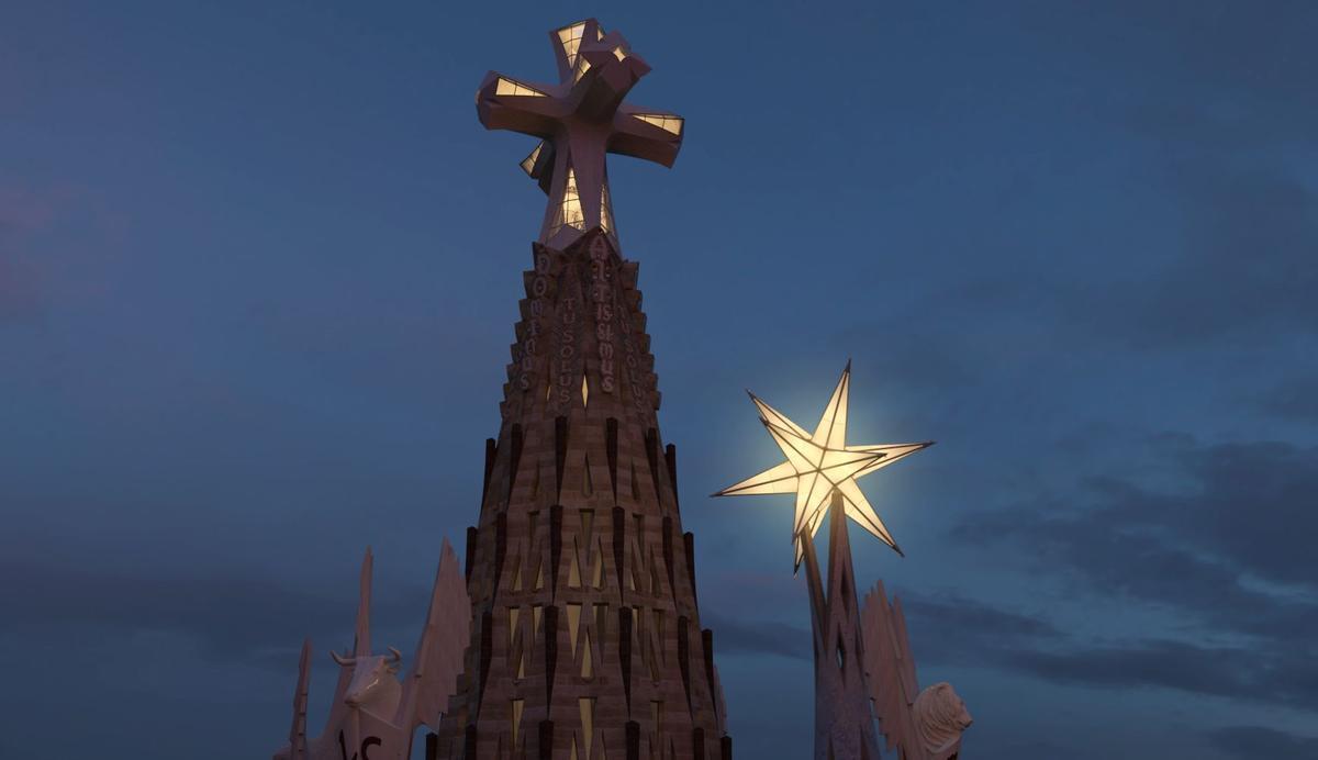  Imagen virtual de la Sagrada Familia que se culminarà con la torre de Jesús (cruz) y la torre de la Mare de Déu (estrella)