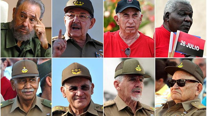 De arriba a abajo y de izquierda a derecha el líder cubano Fidel Castro, de 82 años; el presidente cubano, Raúl Castro,de 77; los vicepresidentes: José Ramón Machado Ventura,de 78; Esteban Lazo, de 64 ; y Juan Almeida,de 81; el ministro del Interior, Abelardo Colomé Ibarra, de 69; el ministro de Informática, Ramiro Valdés, de 76; y el comandante Guillermo García Frías, de 80. Desde el triunfo del alzamiento contra Fulgencio Batista el 1 de enero de 1959, Cuba ha visto pasar a cuatro generaciones, pero 50 años después la revolución sigue siendo dirigida por la vieja guardia, los históricos de la Sierra Maestra, hoy muchos de ellos septuagenarios y pocos con barba.