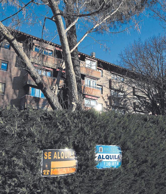 Carteles de alquiler de pisos en una urbanización de Madrid