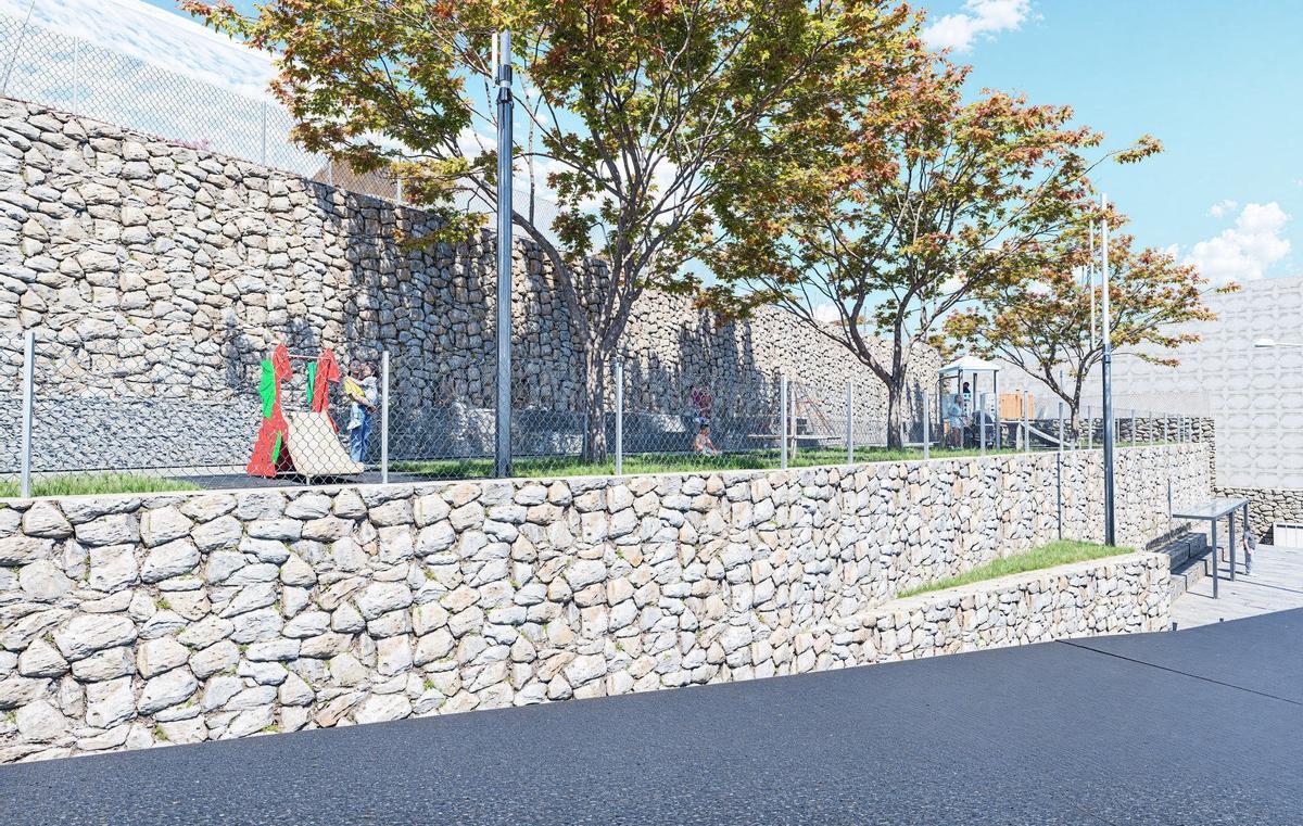 Figuración del proyecto con el parque infantil y abajo a la derecha la parada de autobús con la marquesina.