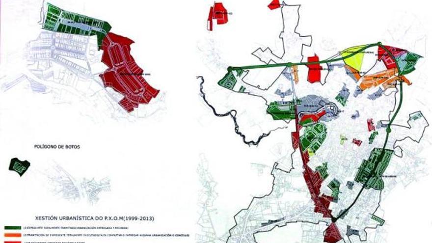 Mapa de la trama urbana y polígonos industriales referido a la gestión urbanística del Plan Xeral entre los años 1999 y 2013.