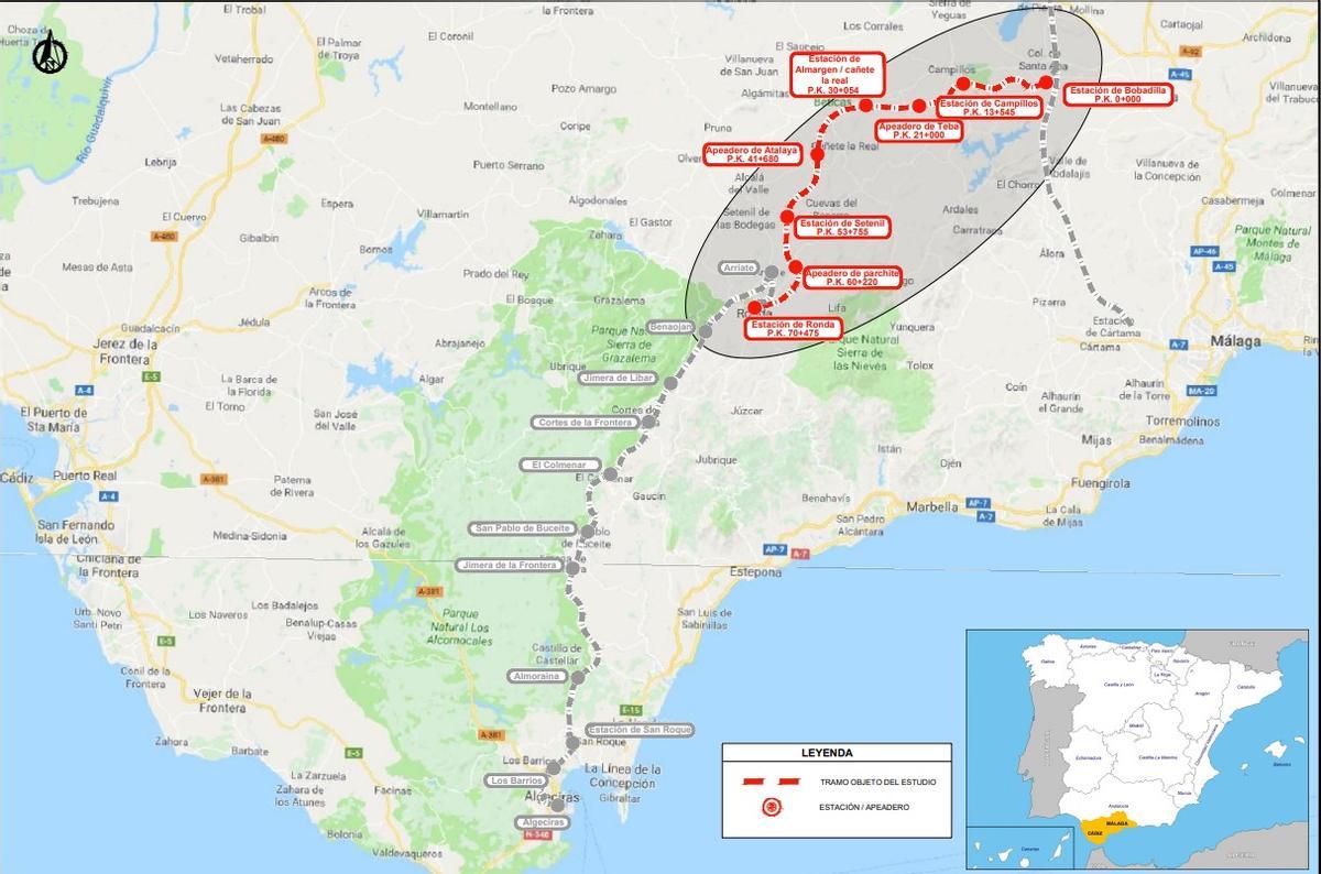 Plano de situación del tramo Bobadilla-Ronda de la línea Bobadilla-Algeciras.