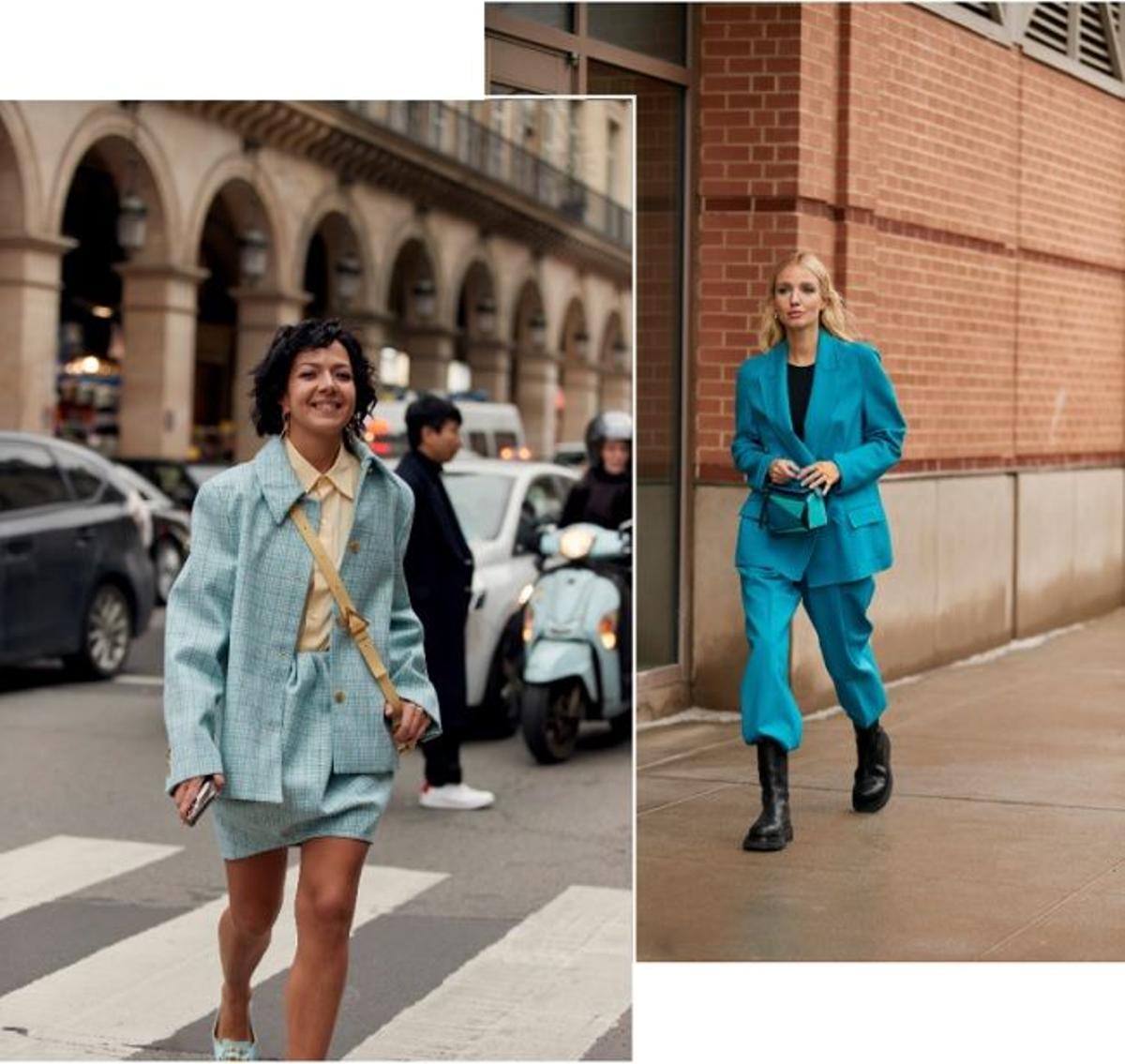 Looks con trajes de color azul visto en el 'street style' de París y Nueva York