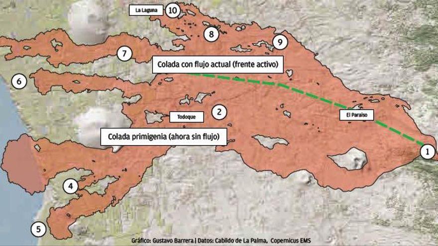 Mapa en el que se muestran las diez coladas del volcán de La Palma