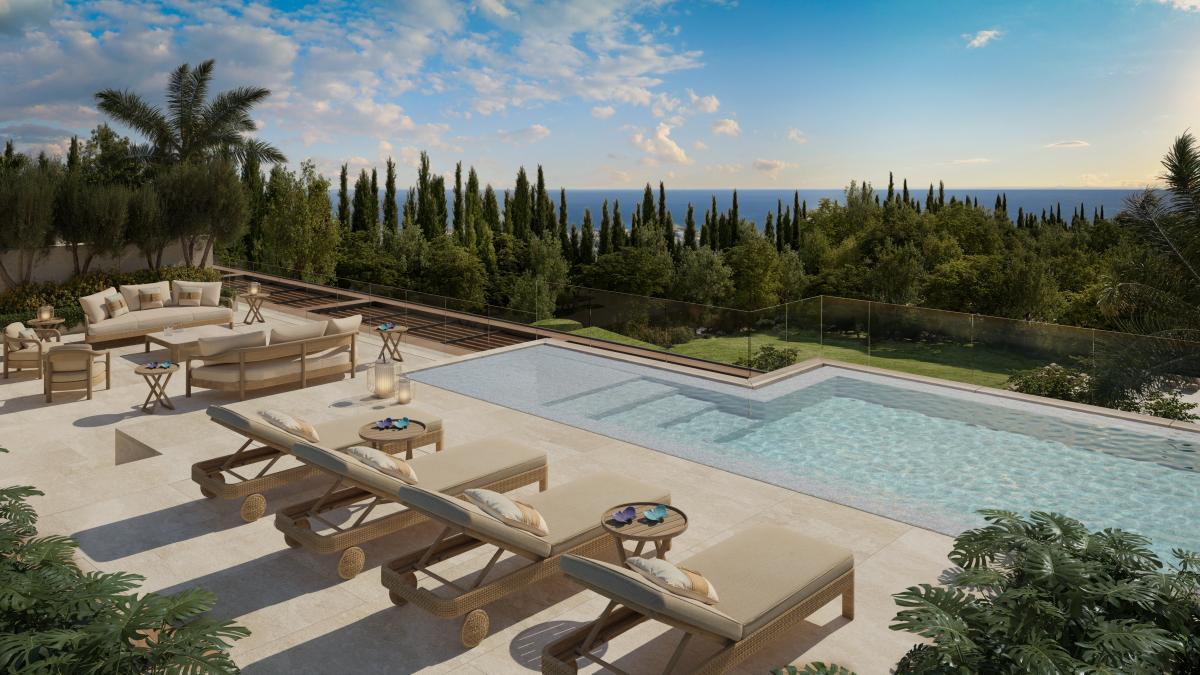 Render de una terraza del complejo hotelero diseñado por Armani.