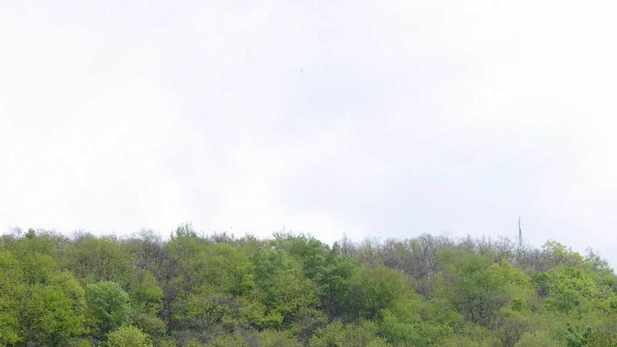 El pueblo de La Cortina, en la zona de las Ubiñas, con la antena de telefonía móvil en lo alto del monte (arriba, a la derecha).