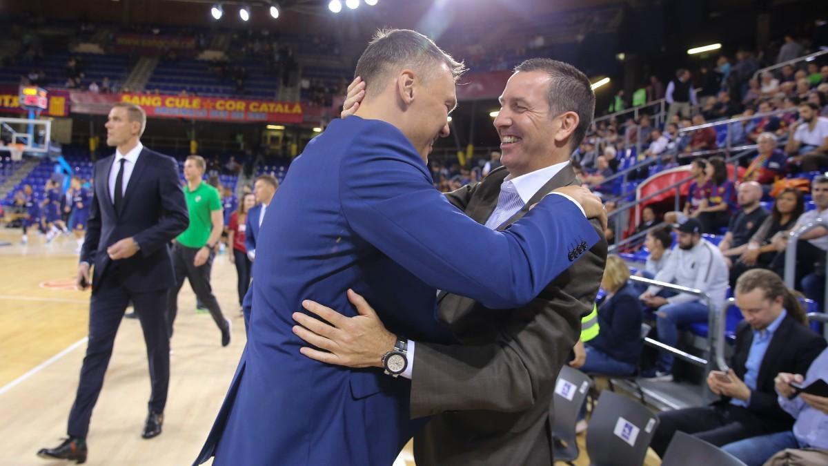 Nacho Rodríguez, junto a Sarunas Jasikevicius en el Palau Blaugrana