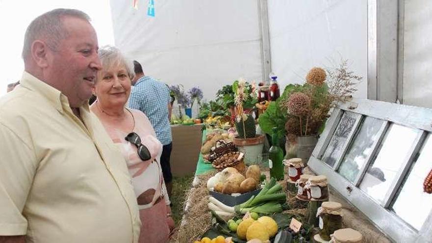 Manuel Andrés Fernández y Fini Álvarez, ante la exposición de productos de la huerta, ayer, en El Valle.