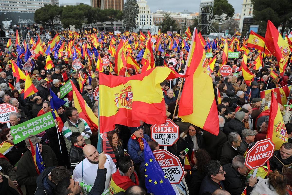 People gather during a protest called by right-wing opposition parties against Spanish Prime Minister Pedro Sanchez at Colon square in Madrid, Spain, February 10, 2019. REUTERS/Sergio Perez