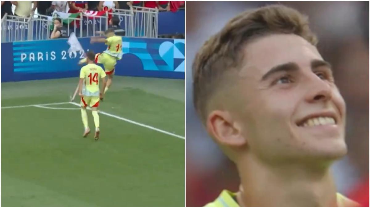 Fermín rompió el banderín durante la celebración de su gol contra Marruecos