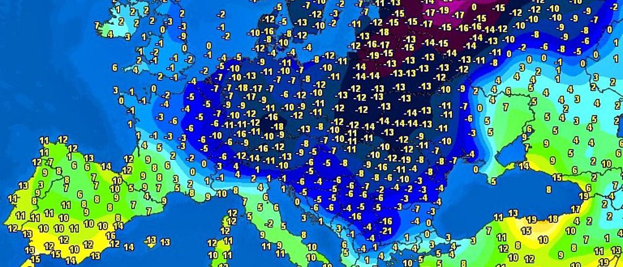 Mapa de temperaturas a las 8:20 del 12 de febrero mostrando la bestia del este afectando a buena parte de Europa.