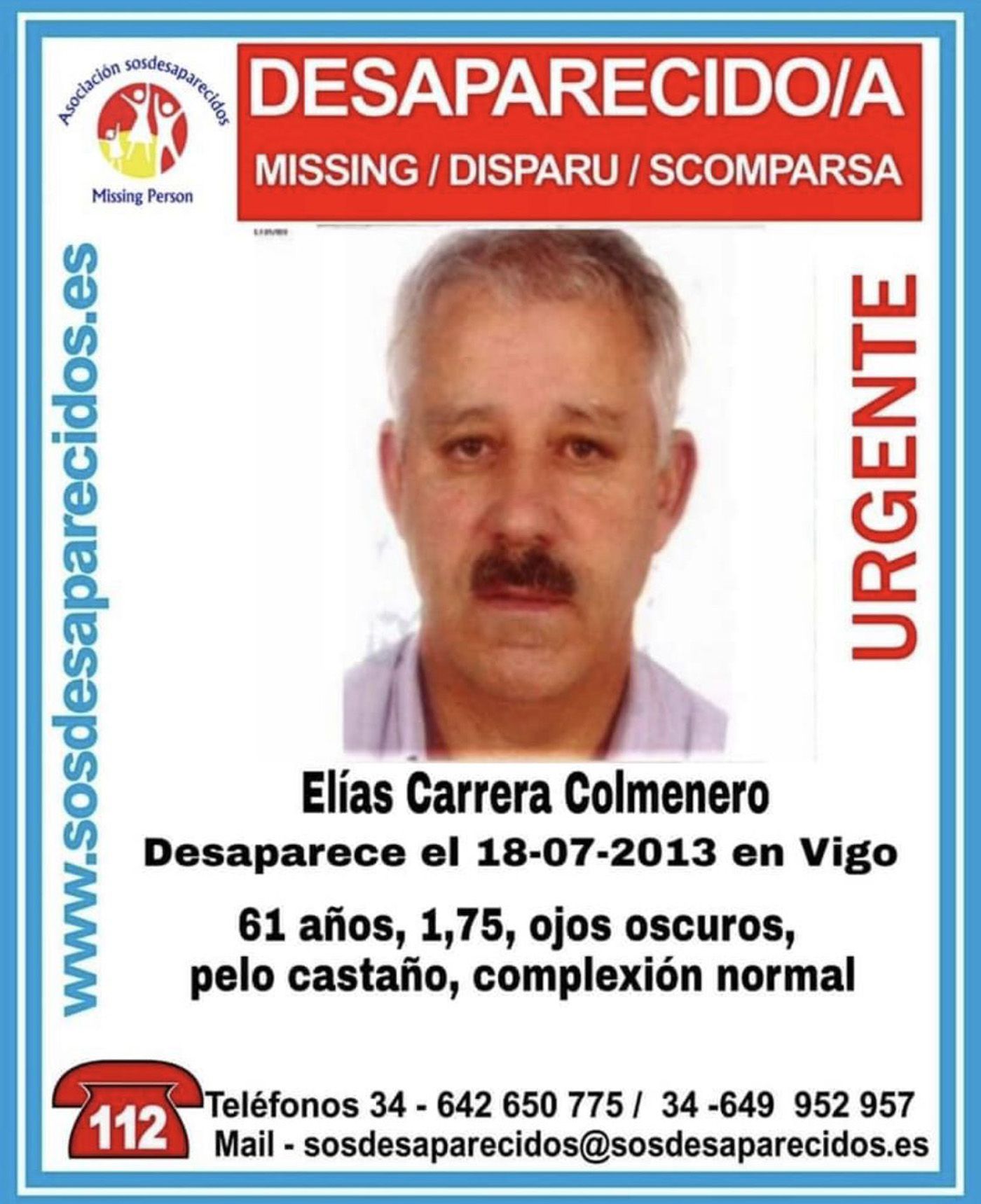 Cartel con la imagen y descripción del desaparecido Elías Carrera