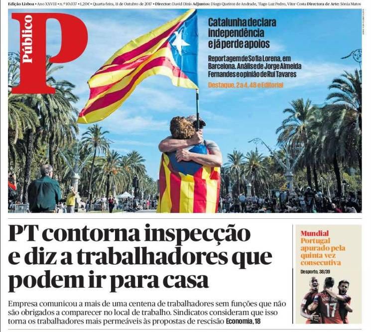 'Cataluña declara la independencia, pero pierde apoyos', dice el rotativo luso 'Público'.