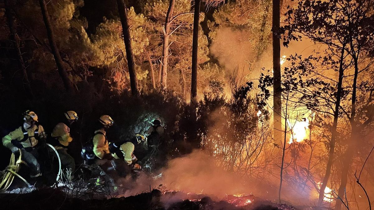 Varios efectivos del Infoca tratan de sofocar las llamas del incendio en Sierra Bermeja