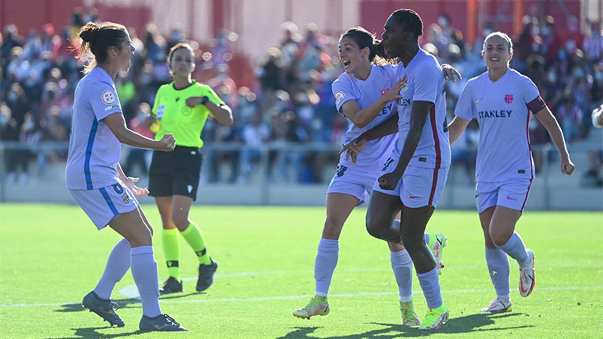 El Barça celebra el gol de Oshoala al Atlético de Madrid