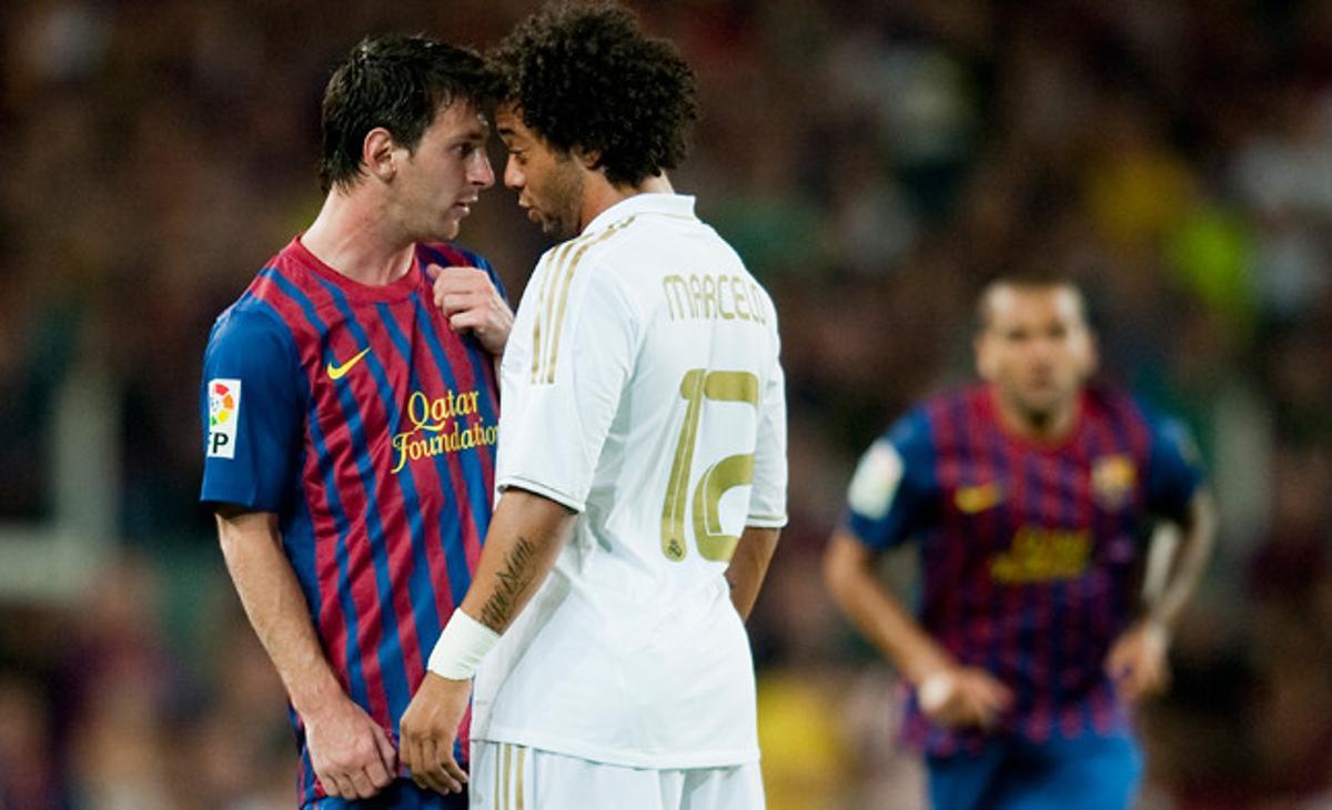 Messi y Marcelo se encaran tras una entrada del brasileño al jugador azulgrana en el partido disputado en el Camp Nou.
