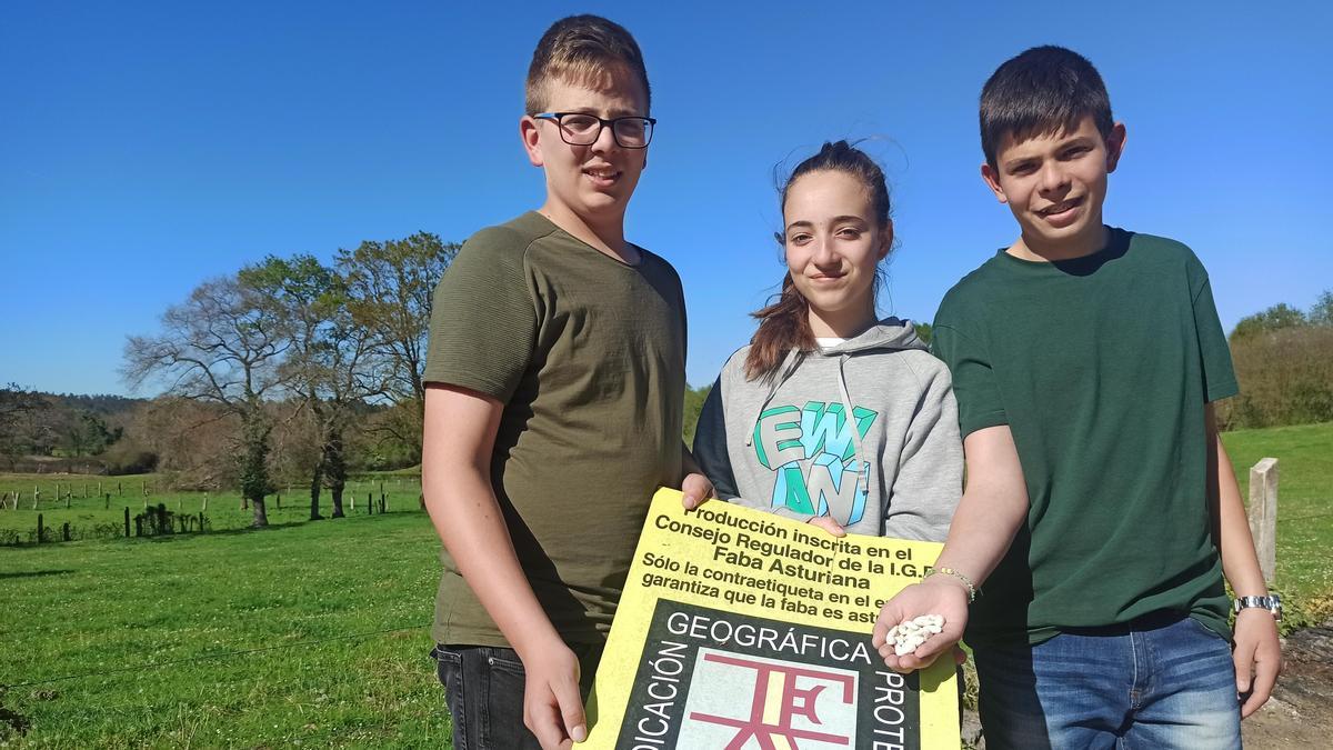 Izan, Álex y Karolina García Valina, con su cartel de producción certificada IGP Faba Asturiana y un puñado de legumbres.