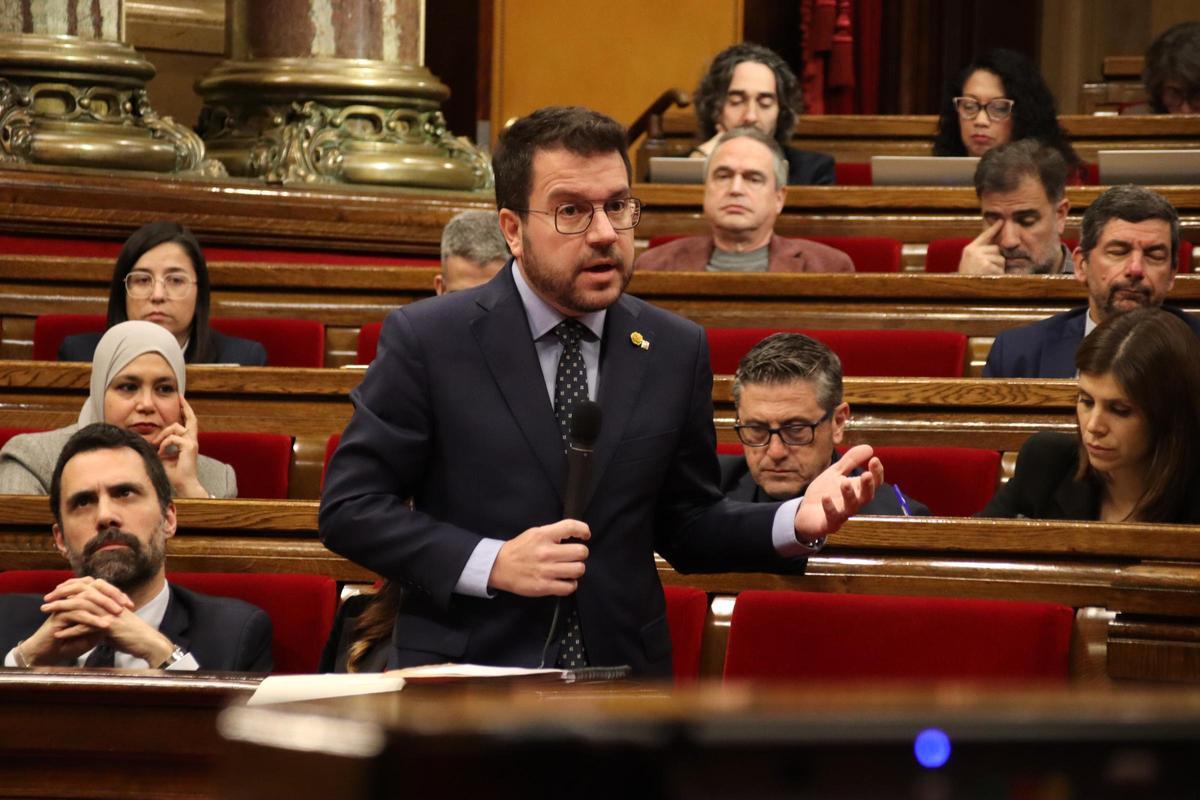 El president de la Generalitat Pere Aragonès este miércoles en el Parlament.