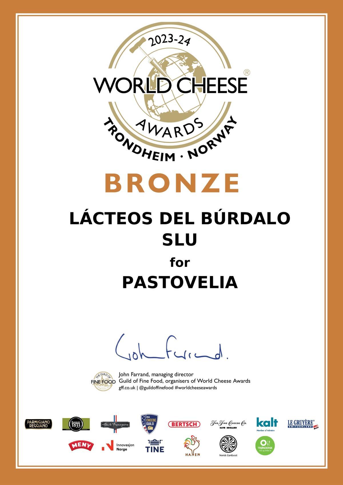 Certficados del World Cheese Award para Pastovelia.