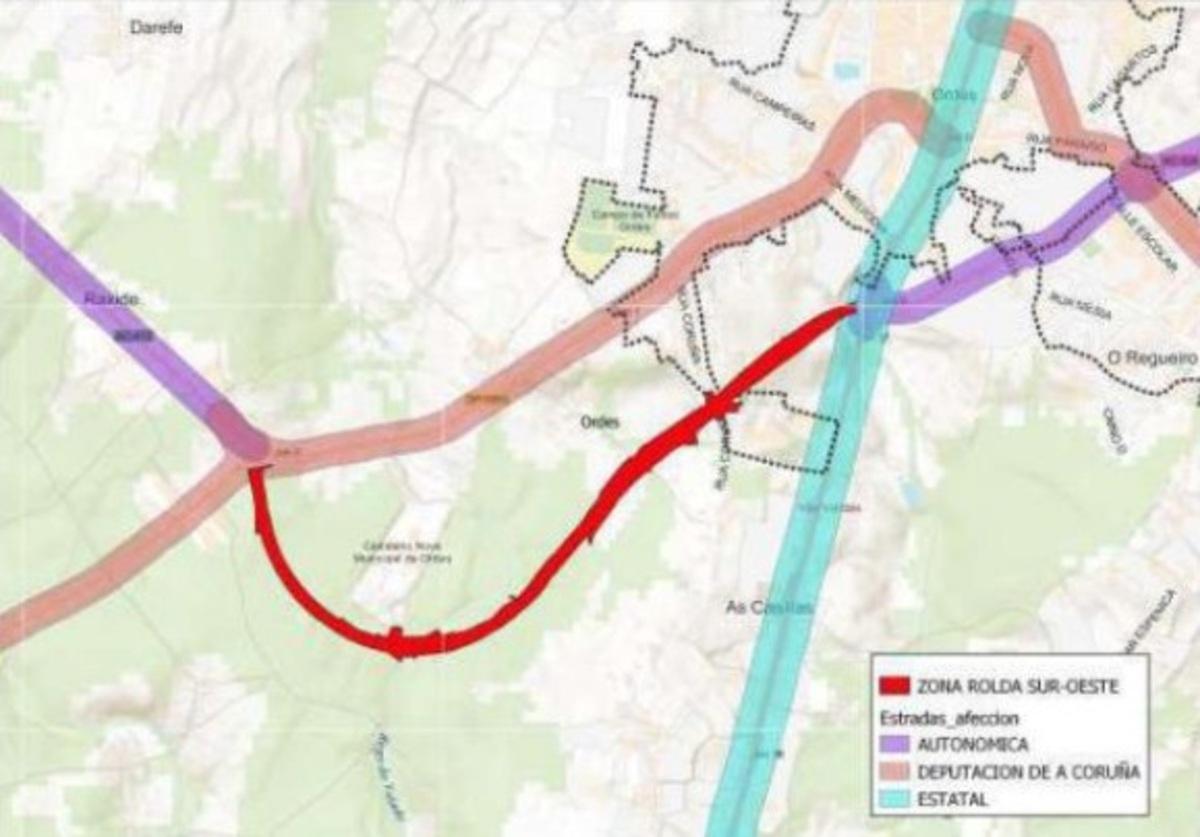 En rojo, el trazado de la Rolda Sur-Leste, que conectará la villa con Trazo, Tordoia y el IES Mallo